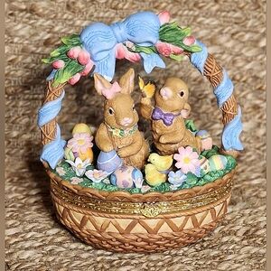 Vintage Easter Basket Box Porcelain Large Bunnies Spring Flowers, 8" x 9.5" Gift